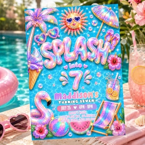 May include: A vibrant birthday invitation card featuring the text SPLASH into 7 Maddison's TURNING SEVEN, JULY 25, 4PM-9PM, MADDIE'S HOUSE, 3355 SPLASH WAY, SPLASHVILLE, RSVP TO GEMMA 0400 000 000, with illustrations of a palm tree, sun, umbrella, ice cream, flamingo float, beach ball, watermelon, and deck chair.