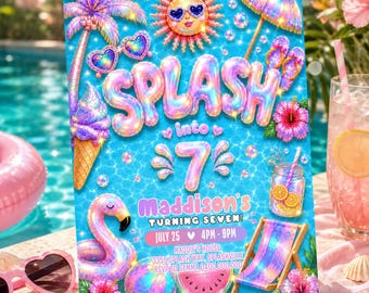 Iridescent Pool Party Invitation: Splash into 7 Evite Girl 7th Birthday Digital Download