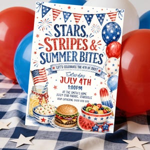 Puede incluir: Una invitación rectangular para una fiesta del 4 de julio con el texto Stars, Stripes & Summer Bites, Let's Celebrate the 4th of July, Saturday July 4th, 1:00PM, At the Smith's Home, 3339 Star Parade, Starsville, RSVP Catherine 0400 000 000.