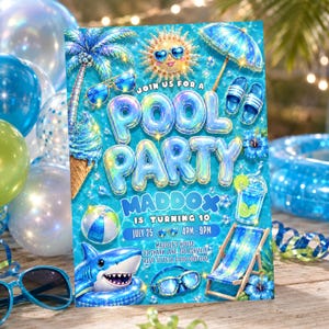 Peut inclure: Une carte d'invitation rectangulaire pour une fête à la piscine avec un fond d'eau bleue, un palmier, un soleil avec des lunettes, un parasol, une bouée requin, une chaise longue et le texte JOIN US FOR A POOL PARTY MADDOX IS TURNING 10.