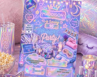Spa Party Birthday Invitation | Holographic Pamper Party Invite | 5x7 Template
