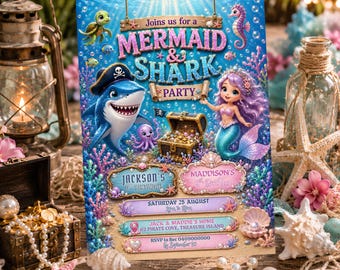Mermaid and Shark Joint Birthday Invitation: Sibling Under the Sea Party Evite, Sharks Mermaids Template