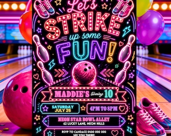 Neon Bowling Birthday Invitation | Girl Strike Party Invite (Digital Download)