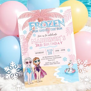 Könnte beinhalten: Eine Geburtstagseinladungskarte mit tropischem Motiv, Palmen, zwei Zeichentrickfiguren in Badekleidung mit Sonnenbrillen und einem Schneemann im Pool. Der Text lautet Frozen Fun Under The Sun, Maddison's 3rd Birthday, Aug 25, 3PM-6PM.