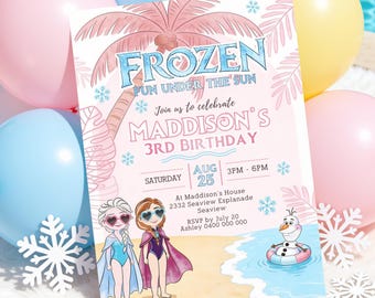 May include: A birthday invitation card featuring a tropical theme with palm trees, two cartoon characters in swimsuits and sunglasses, and a snowman in a pool. The text reads Frozen Fun Under The Sun, Maddison's 3rd Birthday, Aug 25, 3PM-6PM.
