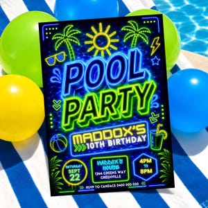 Neon Pool Party Invitation Template | Boy Pool Birthday Invite | Swimming Evite | 5x7 Digital