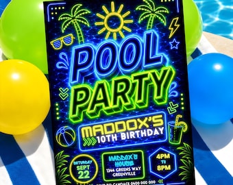 Neon Pool Party Invitation Template | Boy Pool Birthday Invite | Swimming Evite | 5x7 Digital
