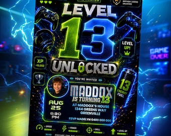 Level Up 13th Birthday Invitation Template Gaming Photo Party Invite Teen Boy Gamer Digital