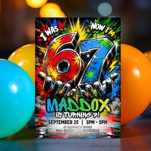 May include: A birthday invitation card featuring a large 3D number 67 with a red and blue paint splatter design. The text reads I WAS NOW I'M 67, MADDOX IS TURNING 7, SEPTEMBER 25, 3PM-5PM, AT MADDOX'S HOUSE, 1344 GREENS WAY, GREENVILLE, RSVP TO MADELYN 0400 000 000.