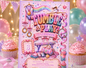 Gymnastics Birthday Invitation: Tumble & Play Gymnast Party Template, Editable Retro Gym