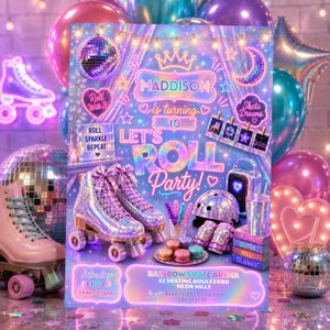 May include: A birthday party invitation featuring a pair of iridescent roller skates, a matching helmet, and colourful macarons. The text reads: Maddison is turning 10, Let's Roll Party, Roll Sparkle Repeat, Skate Dreams, and Rainbow Skate Arena.