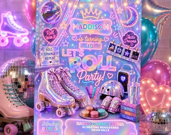 Roller Skate Girl Birthday Invitation: Iridescent Holographic Skating Party Invite Let's Roll Template