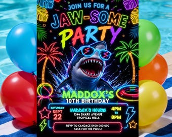 Shark Birthday Invitation: Neon Jaw-some Pool Party Invite | Boy Swimming Evite | Digital
