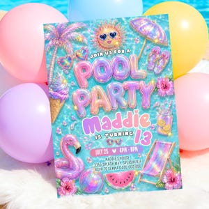Può includere: Un invito rettangolare per una festa in piscina con testo iridescente che recita JOIN US FOR A POOL PARTY MADDIE IS TURNING 13. Il design include una palma, un sole con occhiali da sole, un salvagente a fenicottero e un'anguria.
