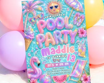 Iridescent Pool Party Invitation Template | Holographic Pool Birthday Invite | Girl Swimming Evite | 5x7 Digital