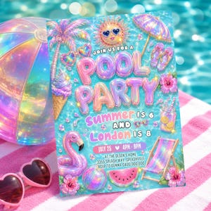 May include: A pool party invitation card featuring iridescent graphics of a sun, palm tree, beach ball, flamingo float, watermelon slice, and deck chair. The text reads: JOIN US FOR A POOL PARTY, SUMMER IS 6 AND LONDON IS 8, JULY 25 4PM-9PM.