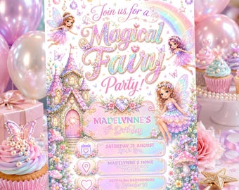 Magical Fairy Birthday Invitation Template: Pastel Rainbow Enchanted Garden Party (Digital Download)