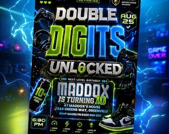 Double Digits Unlocked Invitation Template Level up 10th Birthday Gaming Party Invite Digital