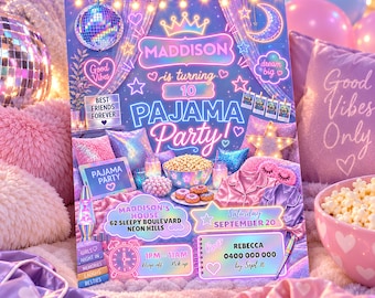 Iridescent Pajama Party Invitation | Neon Slumber Invite | Holographic PJ Party | 5x7 Template