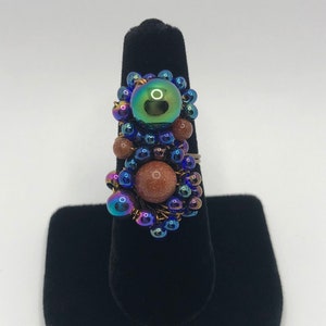 Chunky Goldstone Metallic Rainbow Orb Cluster Ring In Antique Bronze