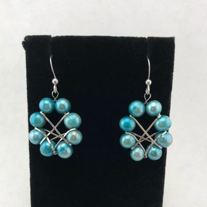 dangle pearl earrings blue, light blue pearl earrings, pearl jewelry freshwater, peacock blue earrings, boho pearl earrings, gift for wife