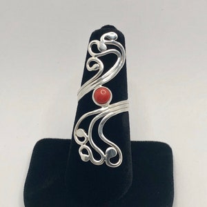 Handmade red coral jewelry, boho rings sterling silver red, swirly ring red stone, red coral rings for women, swirl design ring, long ring image 1