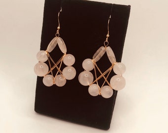 light pink dangle earrings, rose gold earrings dangle, rose quartz jewelry, blush earrings rose gold, geometric statement earrings, gift