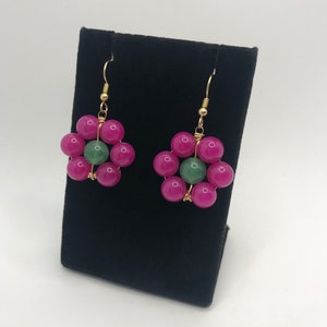 pink jade earrings, beaded flower earrings, hot pink and green earrings, hot pink dangle earrings, hot pink statement earrings, drop earring