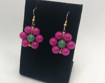 pink jade earrings, beaded flower earrings, hot pink and green earrings, hot pink dangle earrings, hot pink statement earrings, drop earring