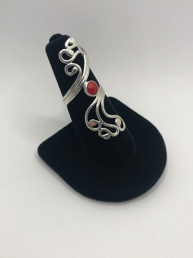 Handmade red coral jewelry, boho rings sterling silver red, swirly ring red stone, red coral rings for women, swirl design ring, long ring image 4