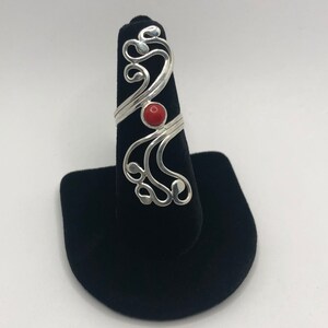 Handmade red coral jewelry, boho rings sterling silver red, swirly ring red stone, red coral rings for women, swirl design ring, long ring image 3