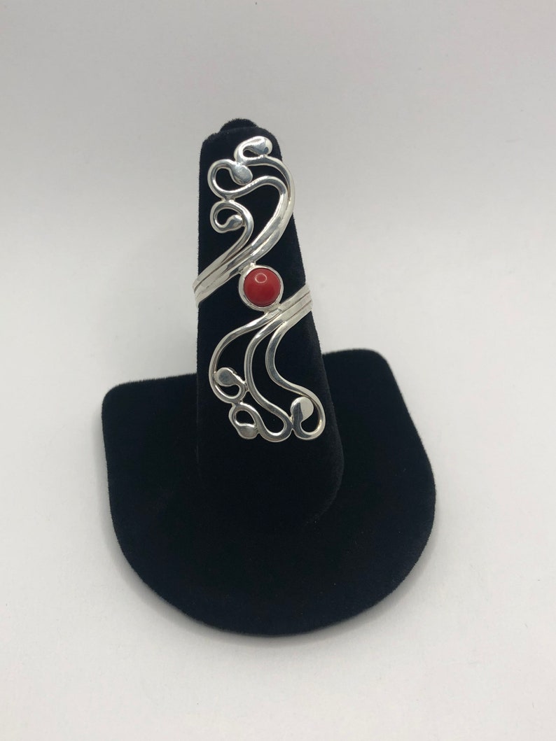 Handmade red coral jewelry, boho rings sterling silver red, swirly ring red stone, red coral rings for women, swirl design ring, long ring image 3