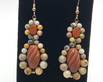 Earth Tone Bead Jasper Agate Gemstone Gold Drop Earrings