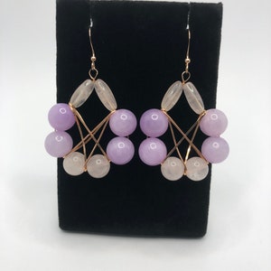Large Rose Quartz Gold Dangle Earrings