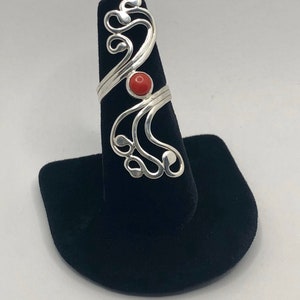 Handmade red coral jewelry, boho rings sterling silver red, swirly ring red stone, red coral rings for women, swirl design ring, long ring image 2