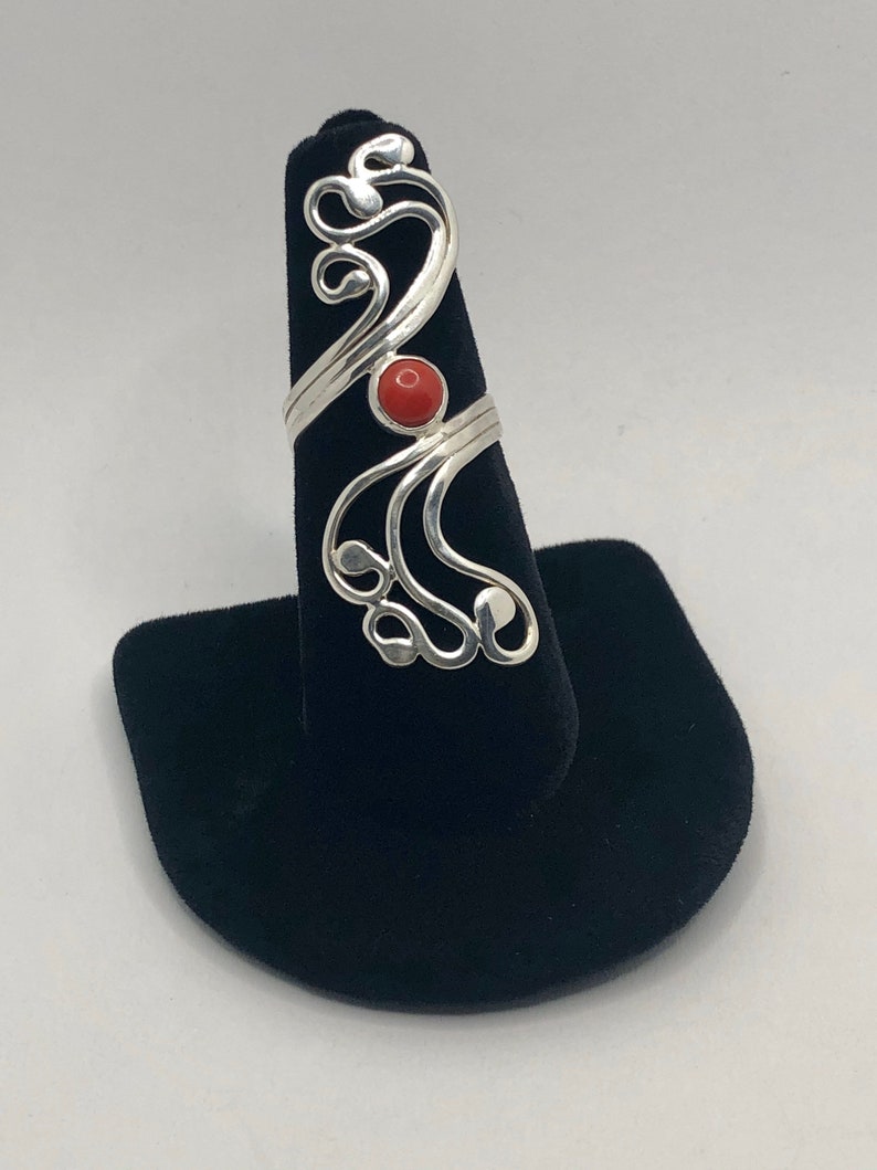 Handmade red coral jewelry, boho rings sterling silver red, swirly ring red stone, red coral rings for women, swirl design ring, long ring image 2