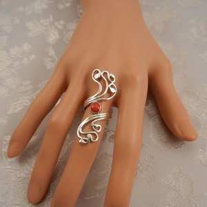 Handmade red coral jewelry, boho rings sterling silver red, swirly ring red stone, red coral rings for women, swirl design ring, long ring image 5