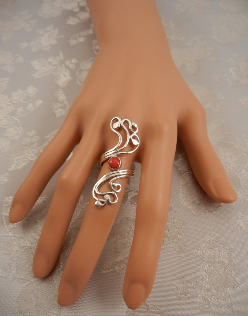 Handmade red coral jewelry, boho rings sterling silver red, swirly ring red stone, red coral rings for women, swirl design ring, long ring image 5