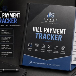 May include: A black and blue bill payment tracker binder with white text reading Skyye Solutions, Bill Payment Tracker, and Stay Organised, Avoid Late Fees. It features tabbed dividers for Bill Dashboard, Monthly Bills, Recurring Bills, and more.