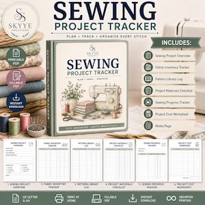Może przedstawiać: Segregator Sewing Project Tracker z zielonym grzbietem i okładką z ilustracją maszyny do szycia. Zawiera sekcje dotyczące przeglądu projektów, inwentarza tkanin, rejestrów wykrojów, list kontrolnych materiałów oraz arkuszy kosztów.