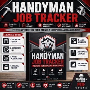 May include: A Handyman Job Tracker digital planner featuring a black cover with red and white text, a central tool icon, and a list of seven sections including job master tracker, work order log, project planning sheet, and labor hours log.