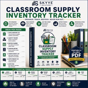 May include: A Classroom Supply Inventory Tracker digital planner by Skyye Solutions. The white binder features a green and blue graphic of school supplies. It includes seven essential pages for tracking inventory, quantities, restocks, and purchases.