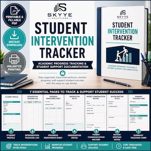 Może przedstawiać: Cyfrowy segregator Student Intervention Tracker od Skyye Solutions do śledzenia postępów w nauce i dokumentacji wsparcia uczniów. Zawiera siedem niezbędnych stron do tworzenia profili, dzienników interwencji i monitorowania postępów.