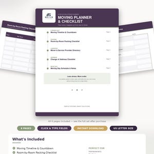 May include: A Skyye Solutions moving planner and checklist document with a purple header. The page lists sections including Moving Timeline, Room-by-Room Packing Checklist, Mover Directory, Change of Address, and Moving Day Schedule and Notes.