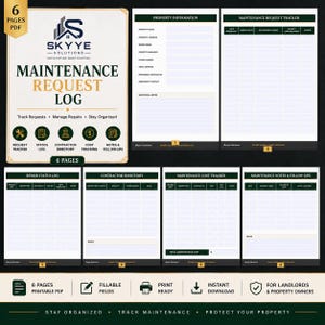 May include: A six-page digital maintenance request log template in PDF format. The document includes sections for property information, a maintenance request tracker, repair status log, contractor directory, cost tracker, and notes and follow-ups.