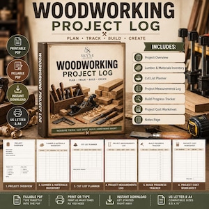 May include: A Woodworking Project Log book featuring a cover with tools and lumber. The text reads Woodworking Project Log, Plan, Track, Build, Create. Includes sections for project overview, lumber inventory, cut list, measurements, and cost worksheets.