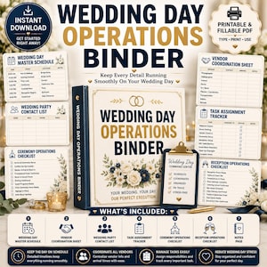 May include: A wedding day operations binder set featuring a central binder with gold and navy text, floral accents, and two gold rings. Includes printable sheets for master schedules, vendor coordination, task tracking, and ceremony checklists.