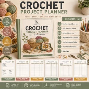 May include: A Crochet Project Planner book with a cover featuring a basket of yarn balls and a granny square. The planner includes sections for project overview, yarn inventory, pattern logs, materials checklists, progress trackers, and cost worksheets.