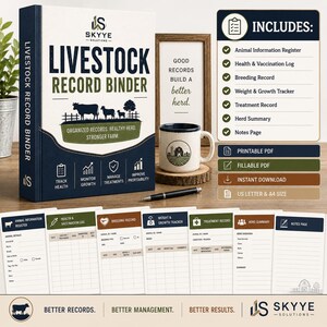 Könnte beinhalten: Ein weiß-dunkelblauer Viehbestands-Ordner mit Kuh- und Schafgrafik, beschriftet mit "Livestock Record Binder" und "Skyye Solutions". Enthält eine Liste der Inhaltsseiten, einen Becher, einen Stift sowie Beispiel-Tracking-Blätter für Tiergesundheit und Zucht.