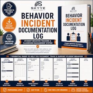 May include: A Behavior Incident Documentation Log binder with a white cover, blue spine, and orange accents. The text reads Skyye Solutions Behavior Incident Documentation Log. It includes seven essential pages for tracking student behavior.